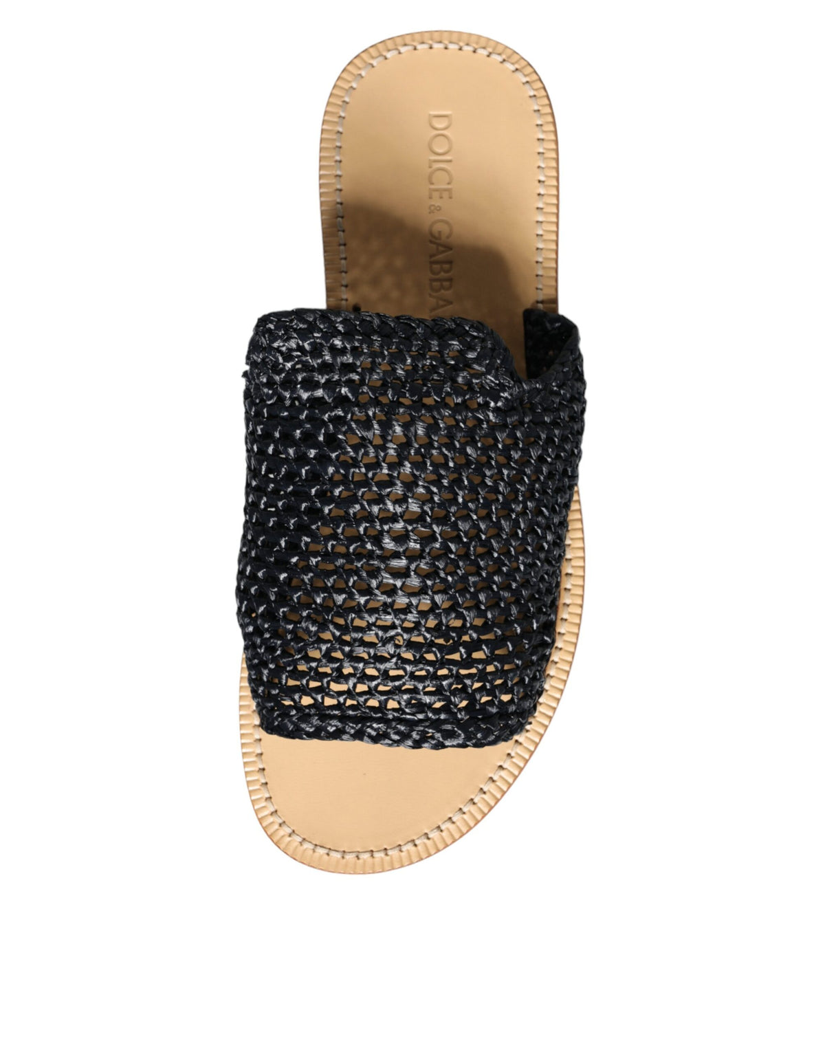 Dolce & Gabbana Black Monochrome Braided Raffia Slides Shoes