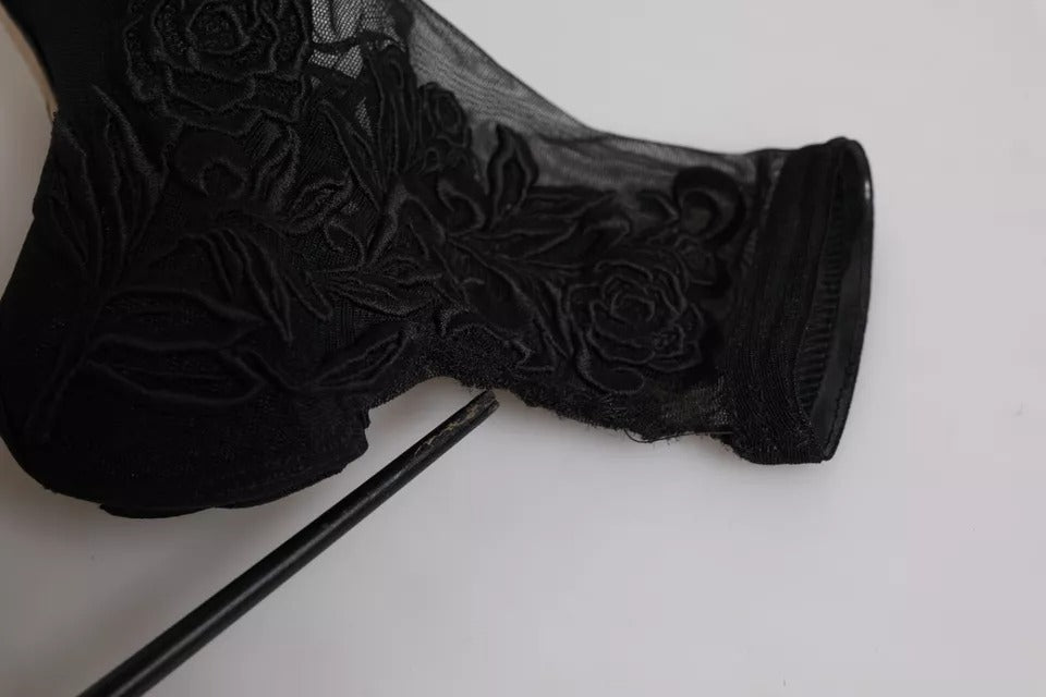 Dolce & Gabbana Black Tulle Stretch Heels Mid Calf Boots Shoes