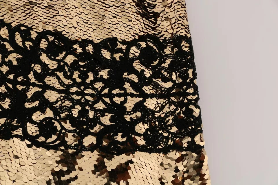 Dolce & Gabbana Gold Strapless Sequin Embellished Lace Dress