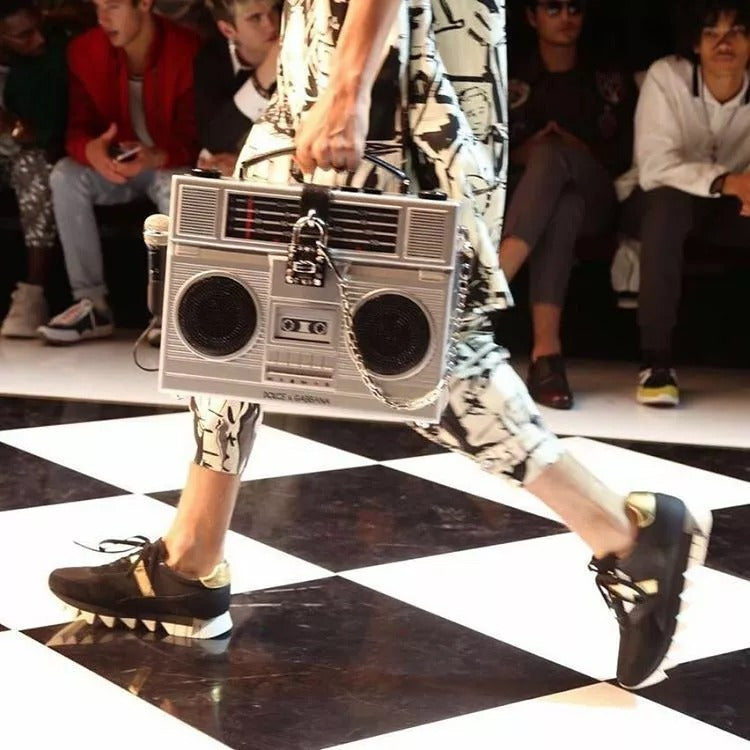 Dolce & Gabbana Silver Retro Radio Boombox Limited Edition Handmade Wood Bag