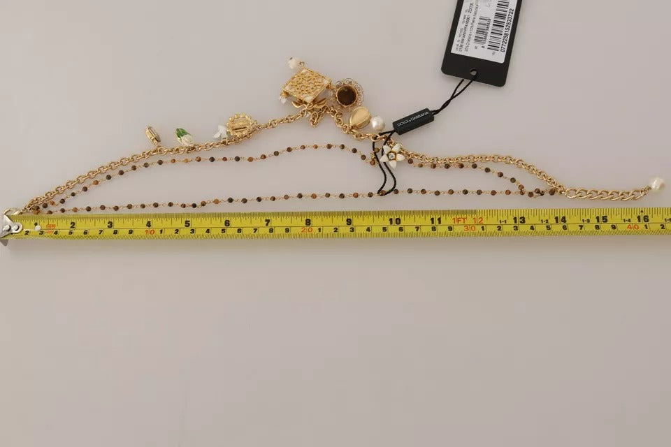 Dolce & Gabbana Gold Brass Crystal Floral Statement Charms Necklace