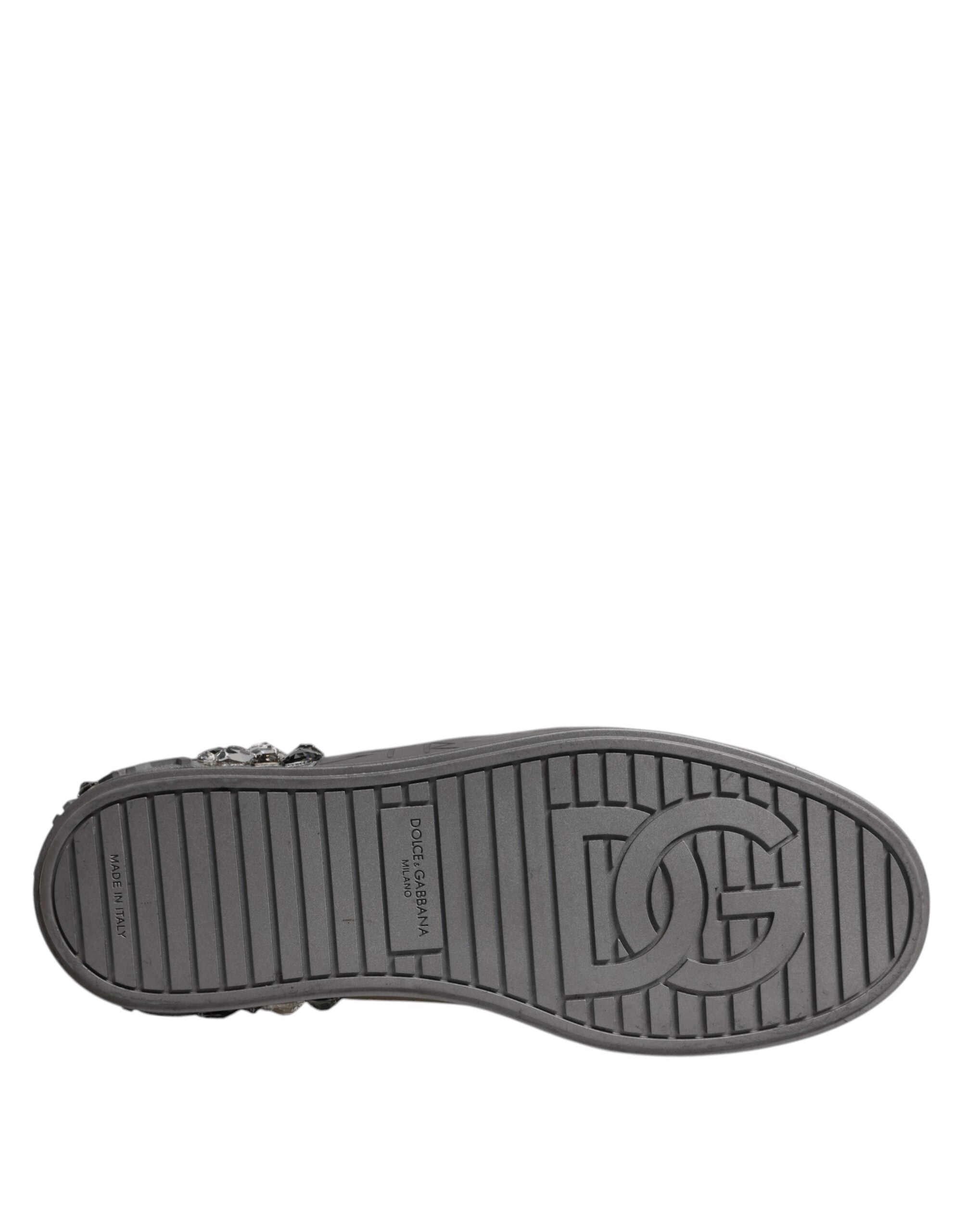 Dolce & Gabbana White Silver Crystal Logo Portofino Sneakers Shoes