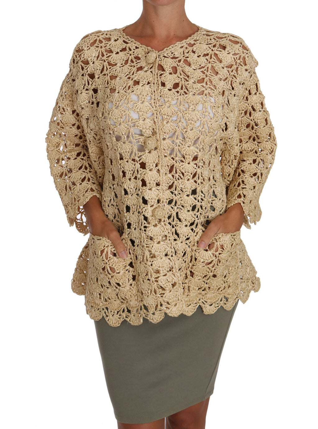 Dolce & Gabbana Beige Cardigan Crochet Knitted Raffia Sweater