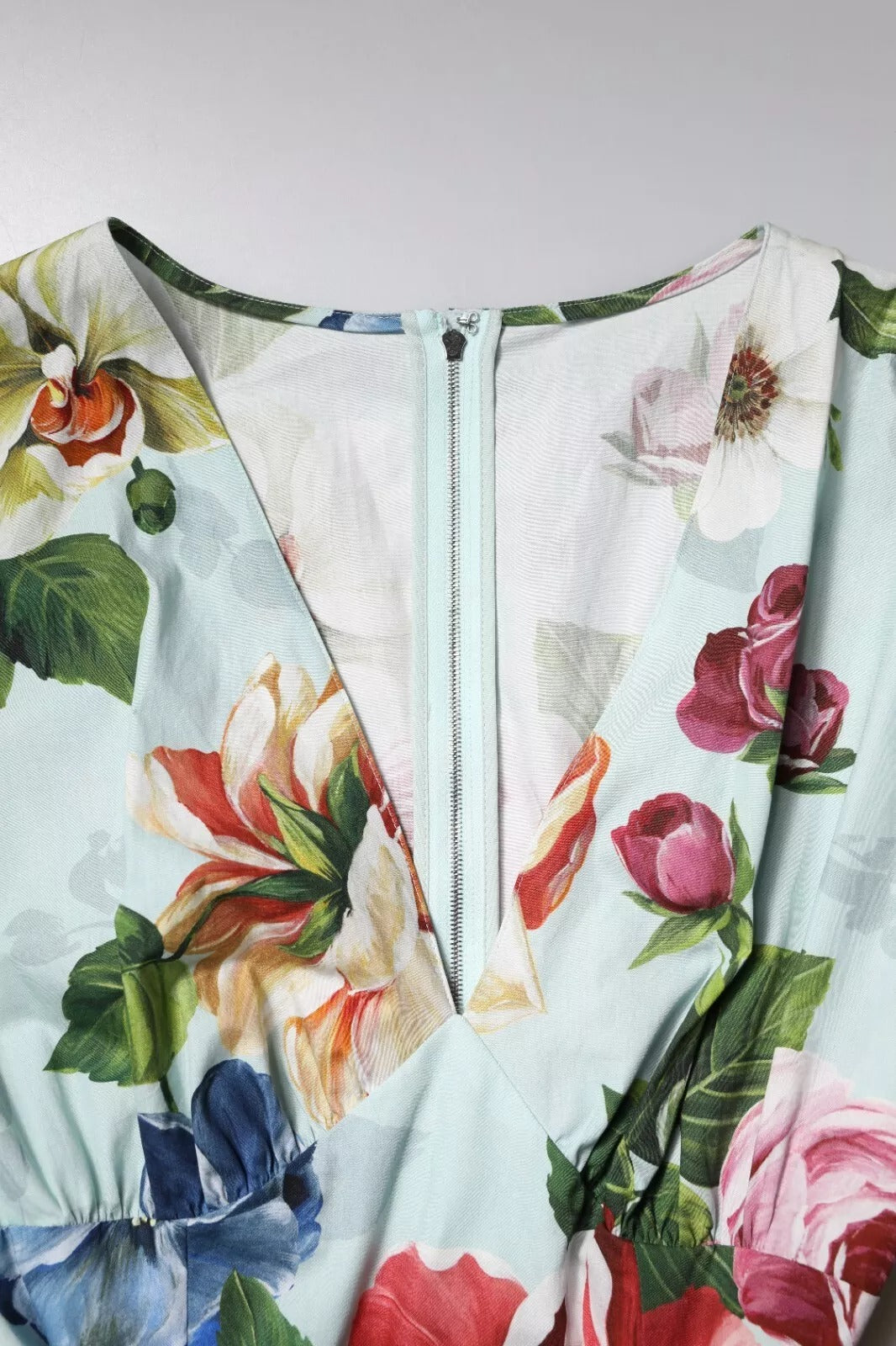 Dolce & Gabbana Green Floral Short Sleeves Cotton V-neck Dress