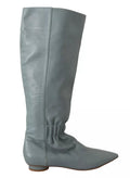 Red Valentino Blue Leather Elastic Flats Pull On Knee High Boots Shoes
