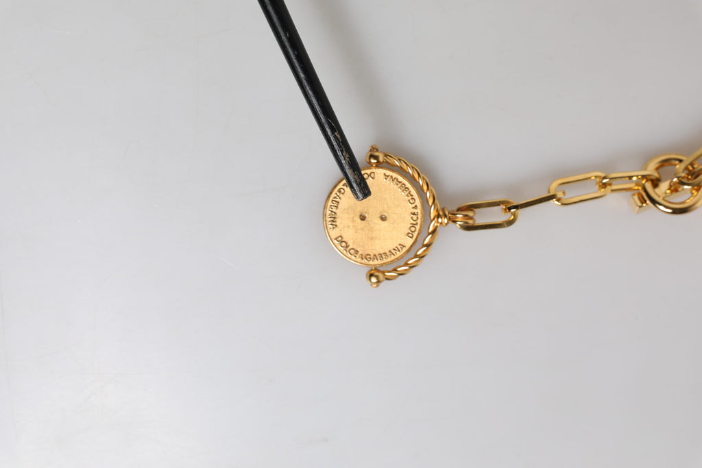 Dolce & Gabbana Gold Chain Brass Faux Pearl Charm Logo Pendant Necklace