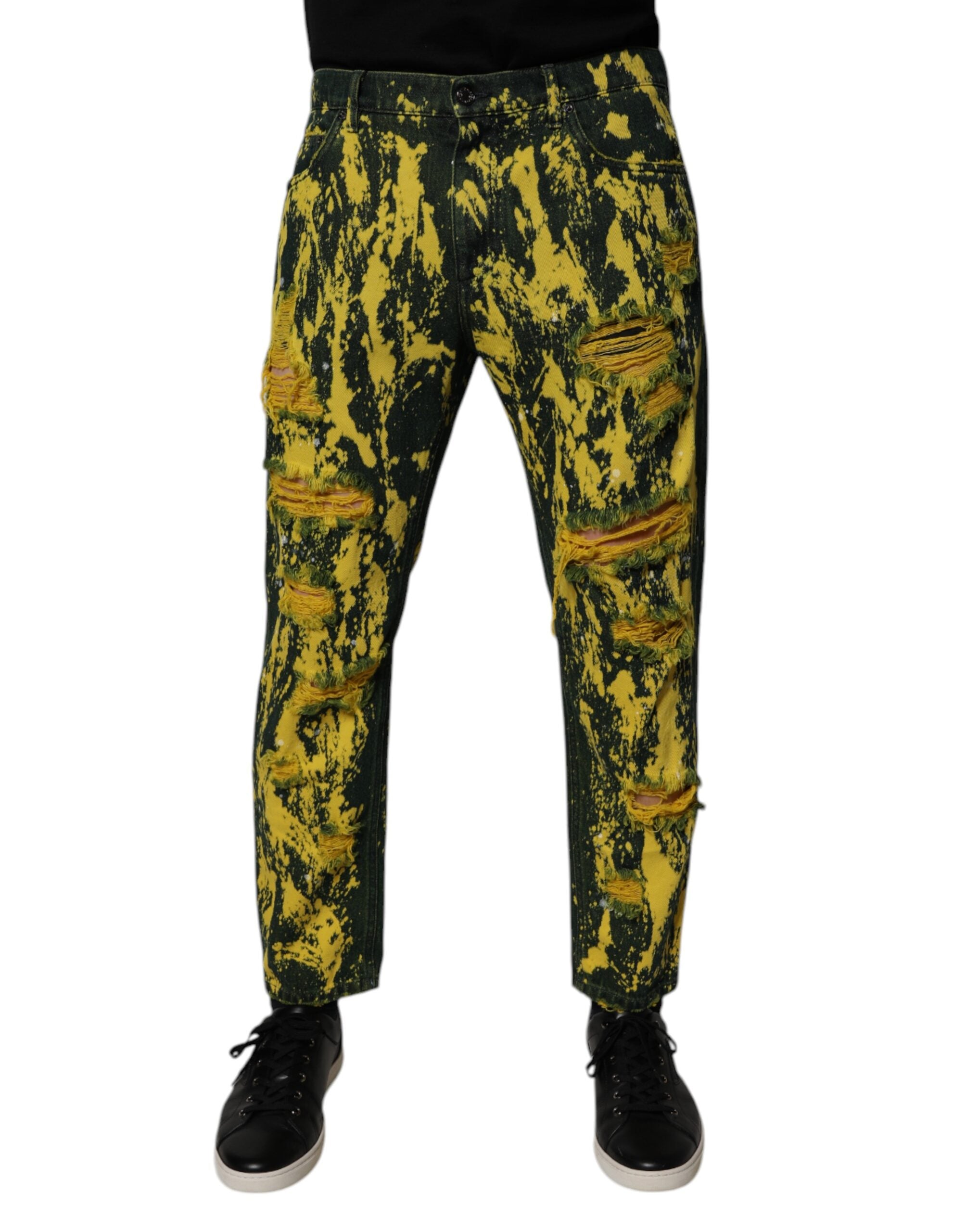 Dolce & Gabbana Black Green Tie Dye Tattered Skinny Men Denim Jeans