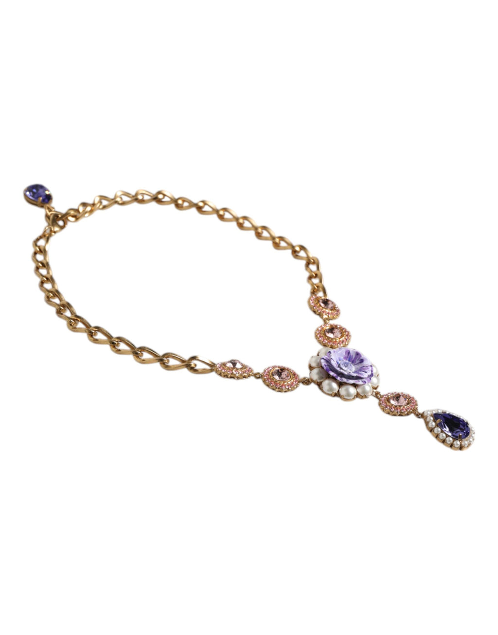 Dolce & Gabbana Gold Brass Floral Crystals Pearl Embellished Necklace