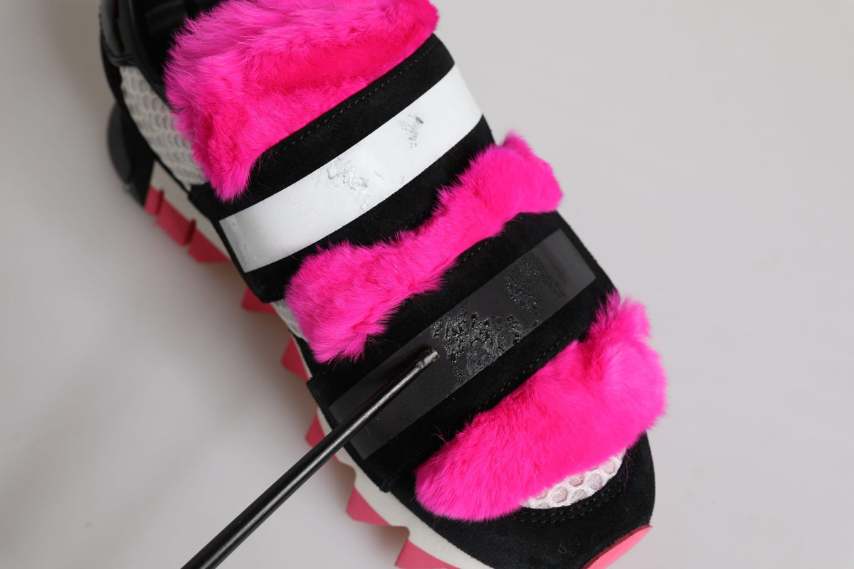 Dolce & Gabbana Black Pink Fur Embellished Sneakers Shoes