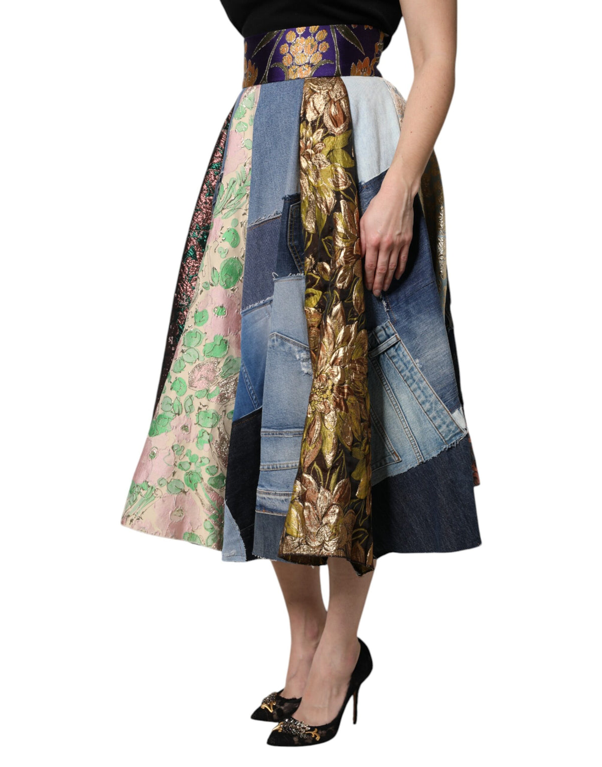 Dolce & Gabbana Multicolor Patchwork High Waisted Midi Skirt