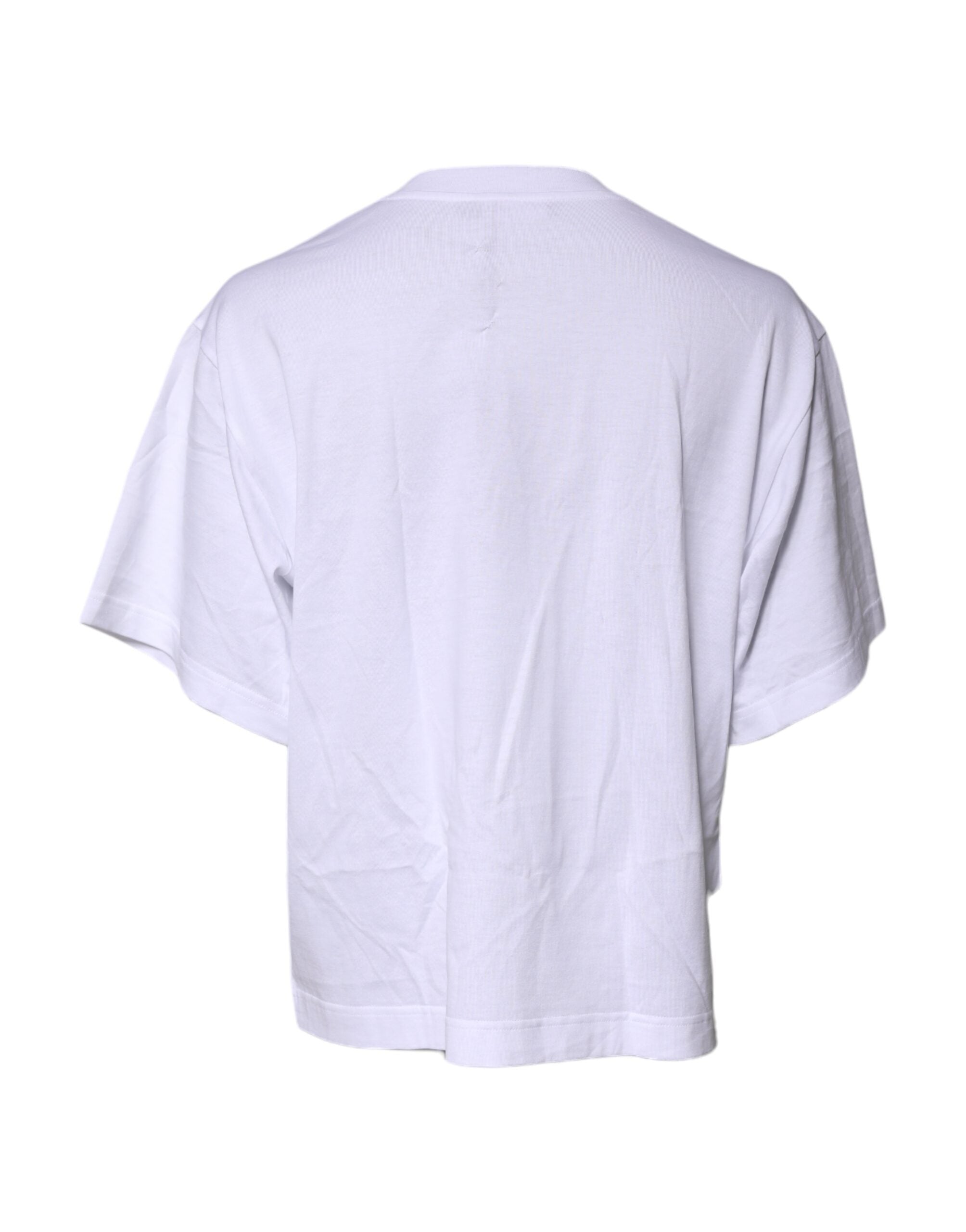 Dolce & Gabbana White Printed Round Neck Top Cotton T-shirt