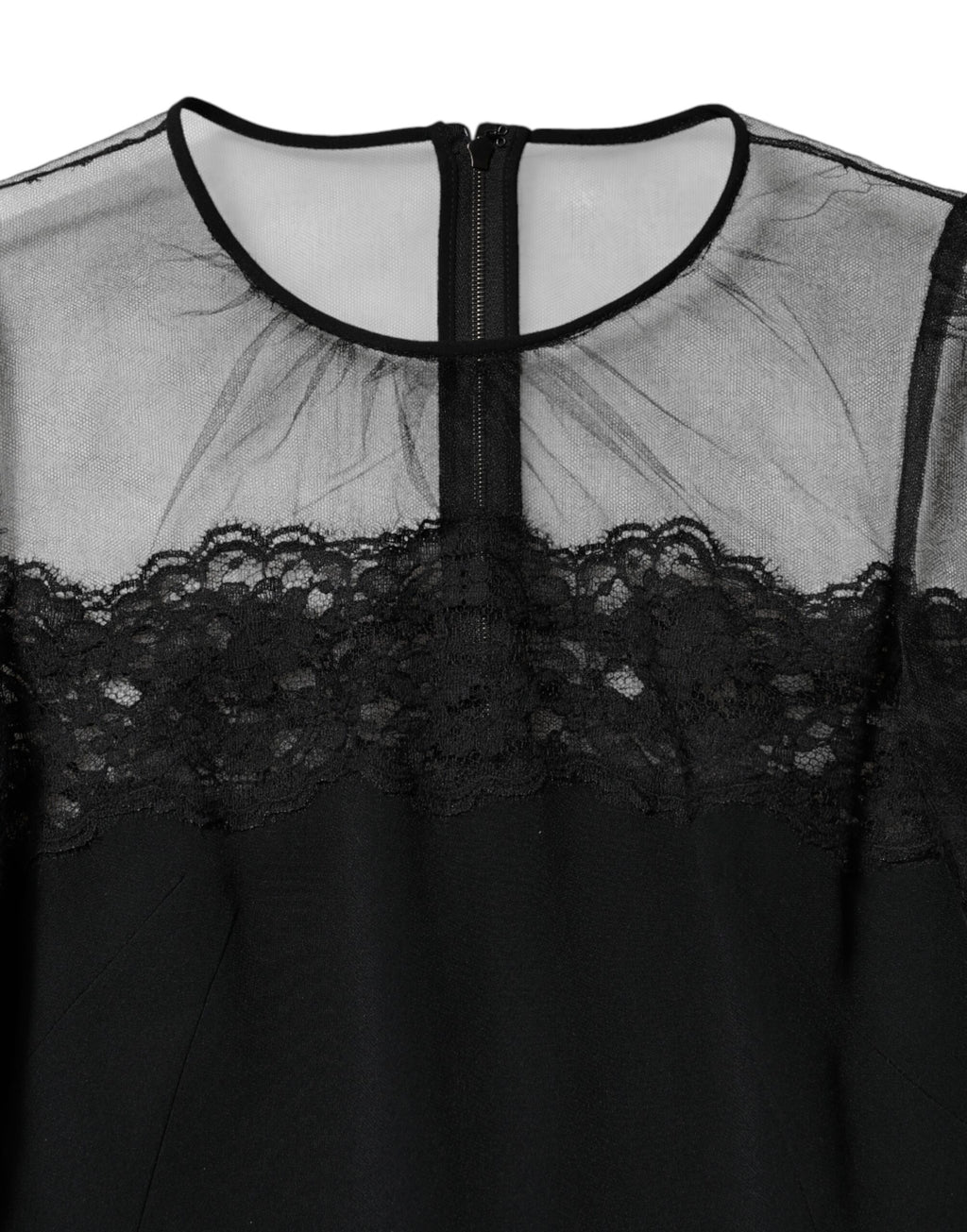 Dolce & Gabbana Black Lace Trim Nylon Tulle Sheath Midi Dress