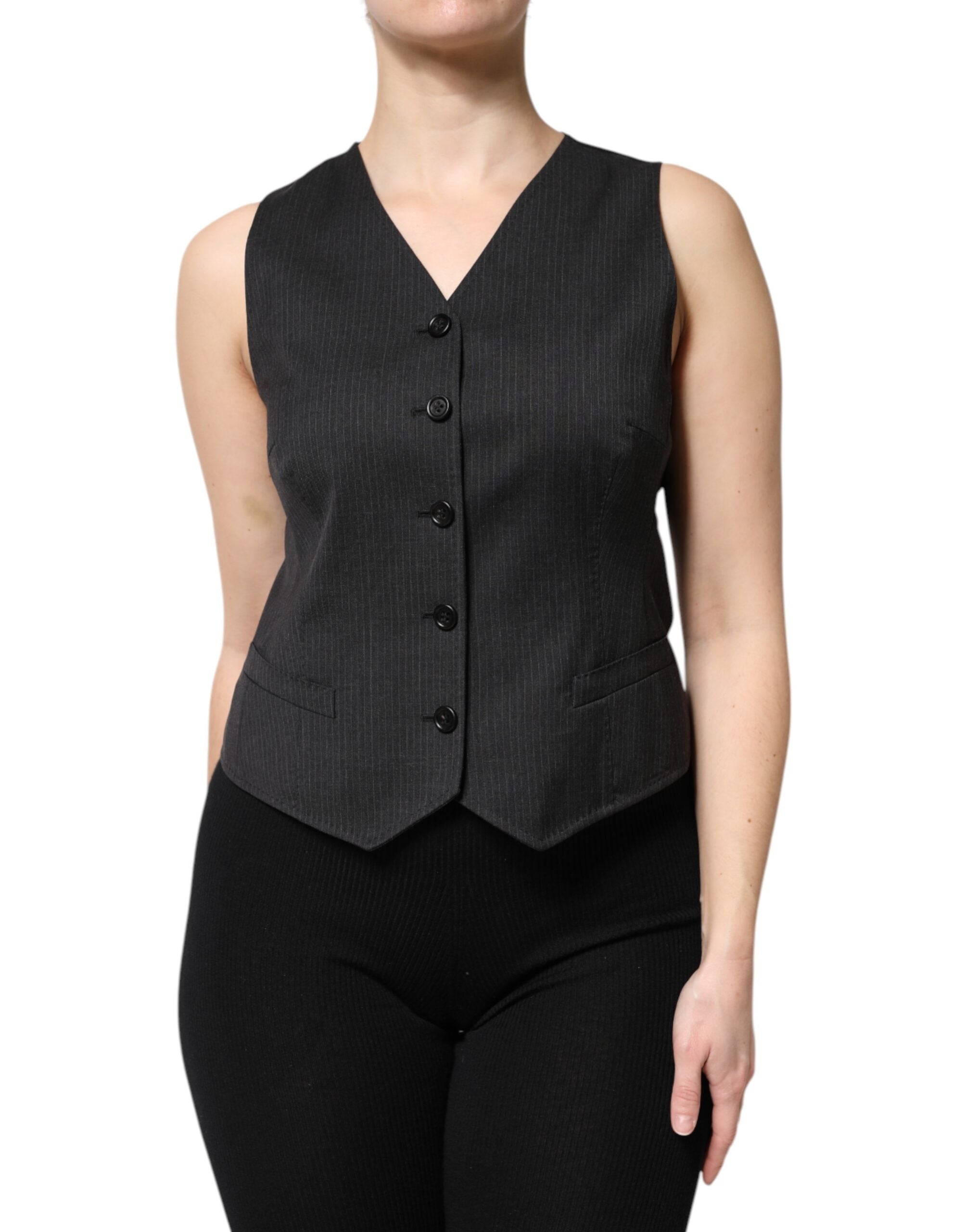 Dolce & Gabbana Black Striped Button Down Sleeveless Vest Top
