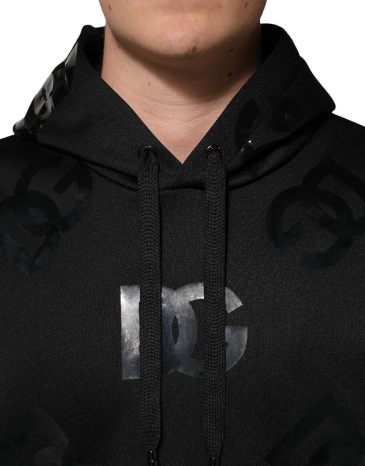 Dolce & Gabbana Black DG Logo Hoodie Metallic Print Sweater