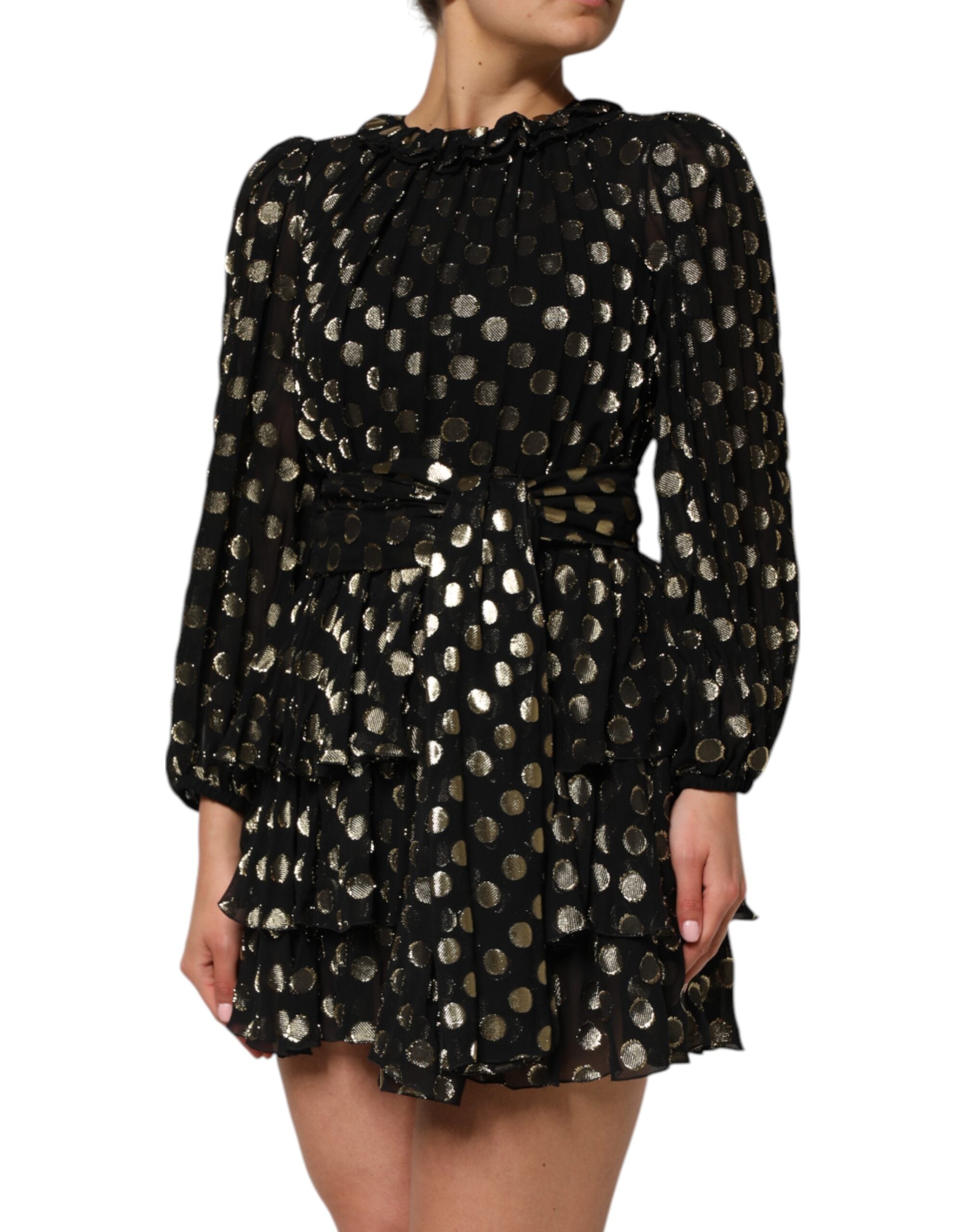 Dolce & Gabbana Dark Gray Gold Polka Dot Silk Brocade Mini Dress
