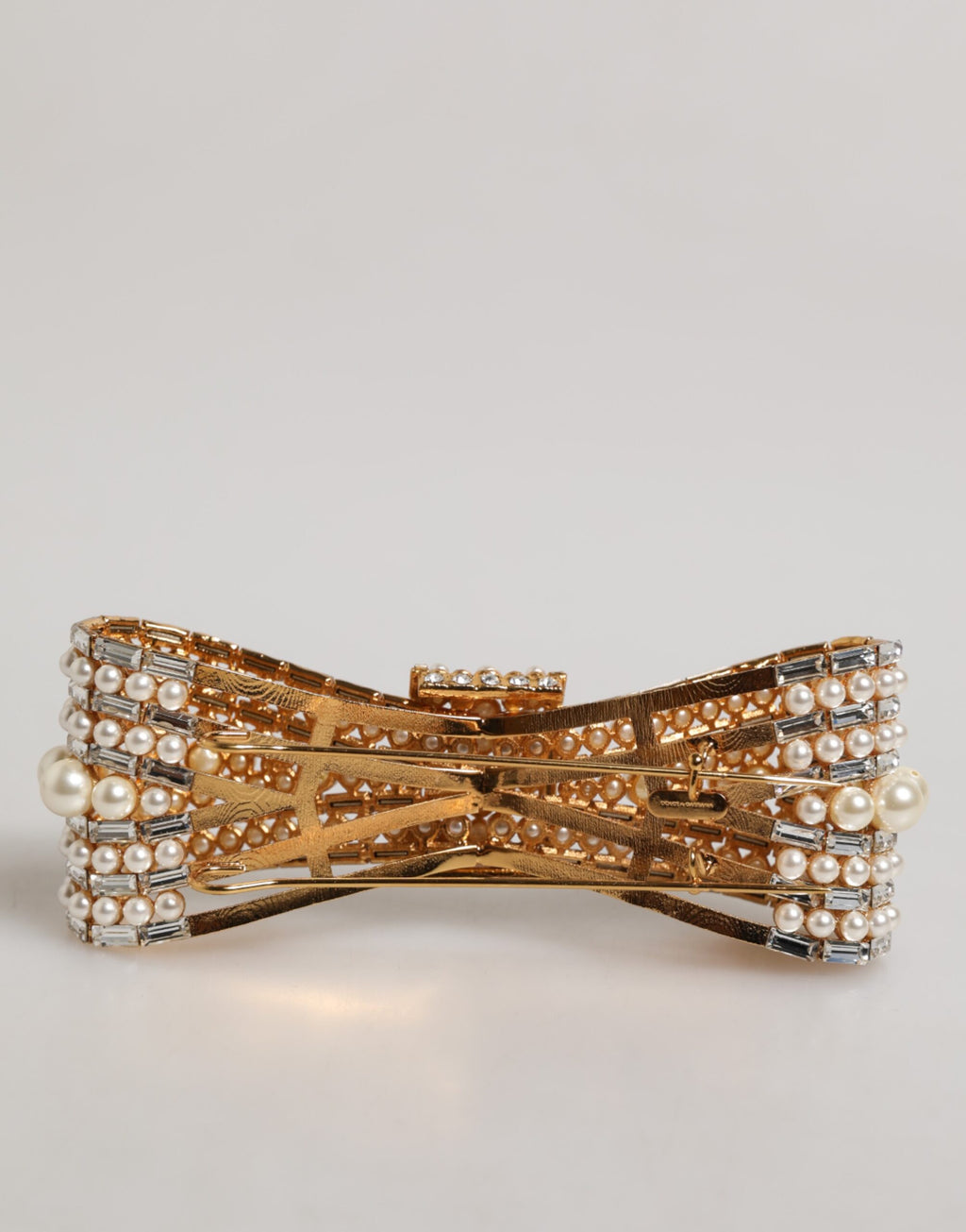 Dolce & Gabbana Gold Tone Brass Bow Crystal Faux Pearl Embellished Brooch