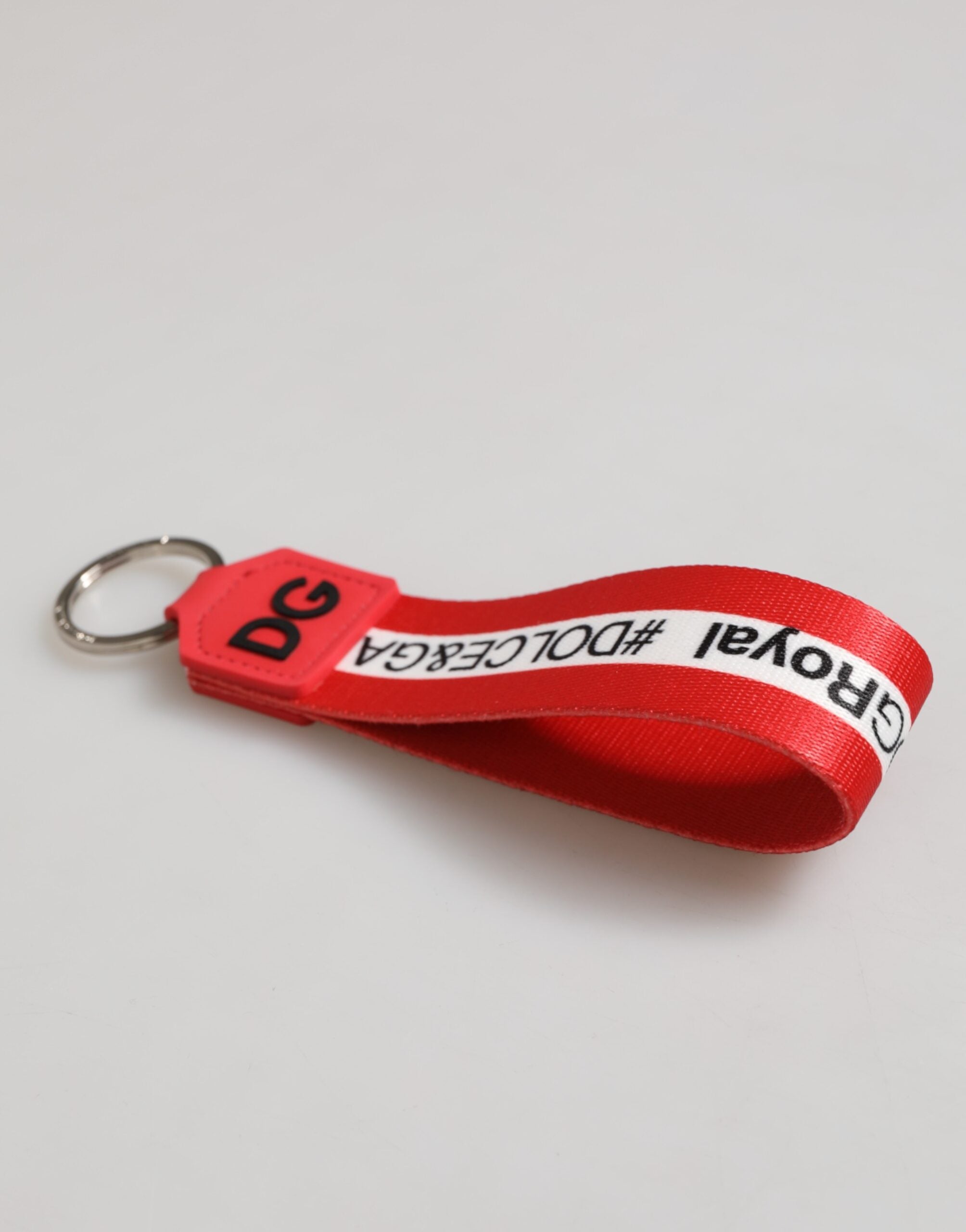 Dolce & Gabbana Red Logo Polyester Silver Brass Holder Keychain Keyring