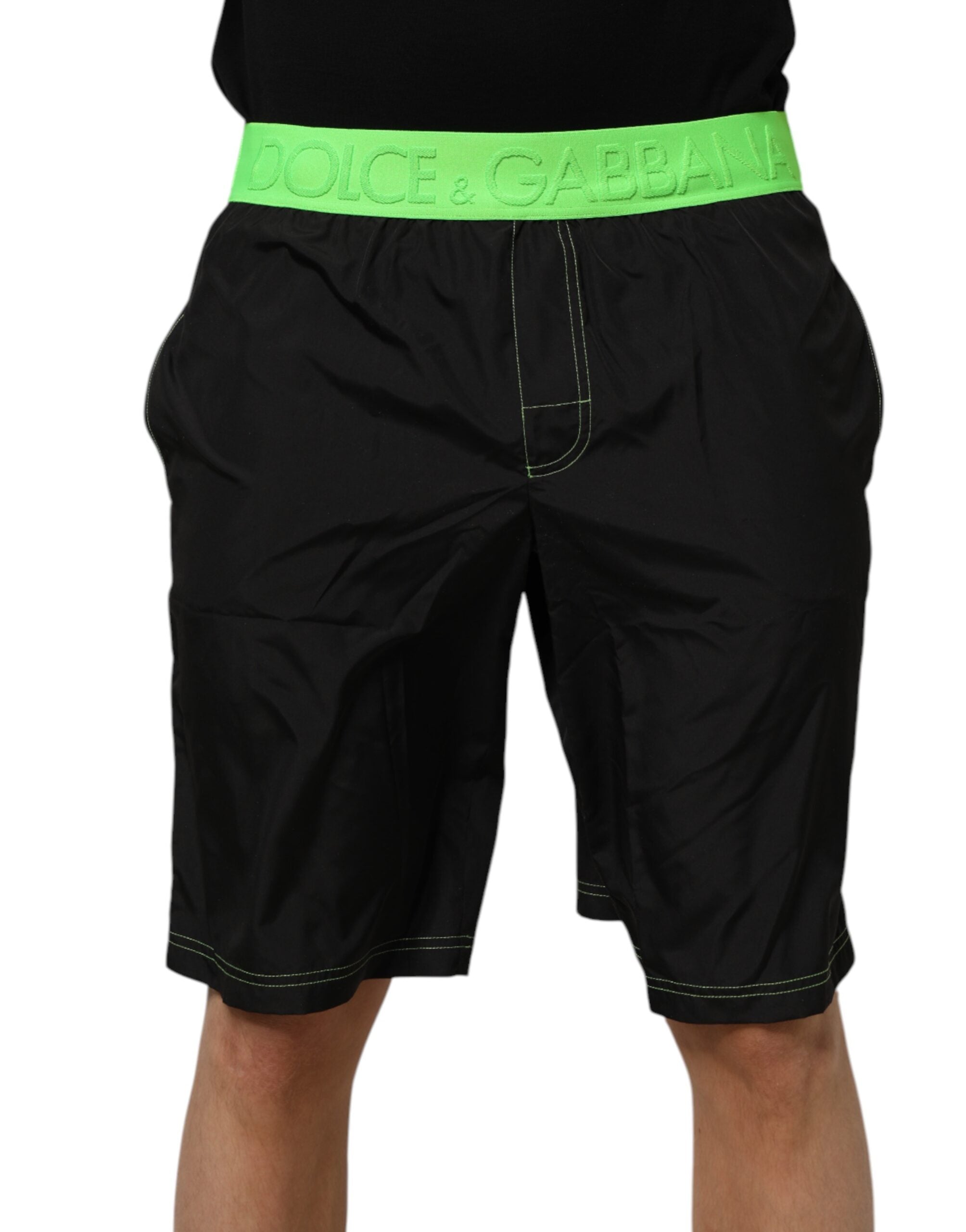 Dolce & Gabbana Black Green Logo Waistband Beachwear Short Swimwear