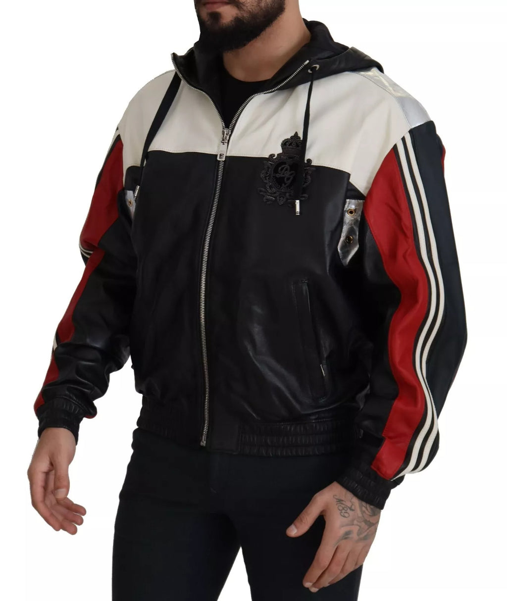 Dolce & Gabbana Black Leather Hooded Blouson Jacket