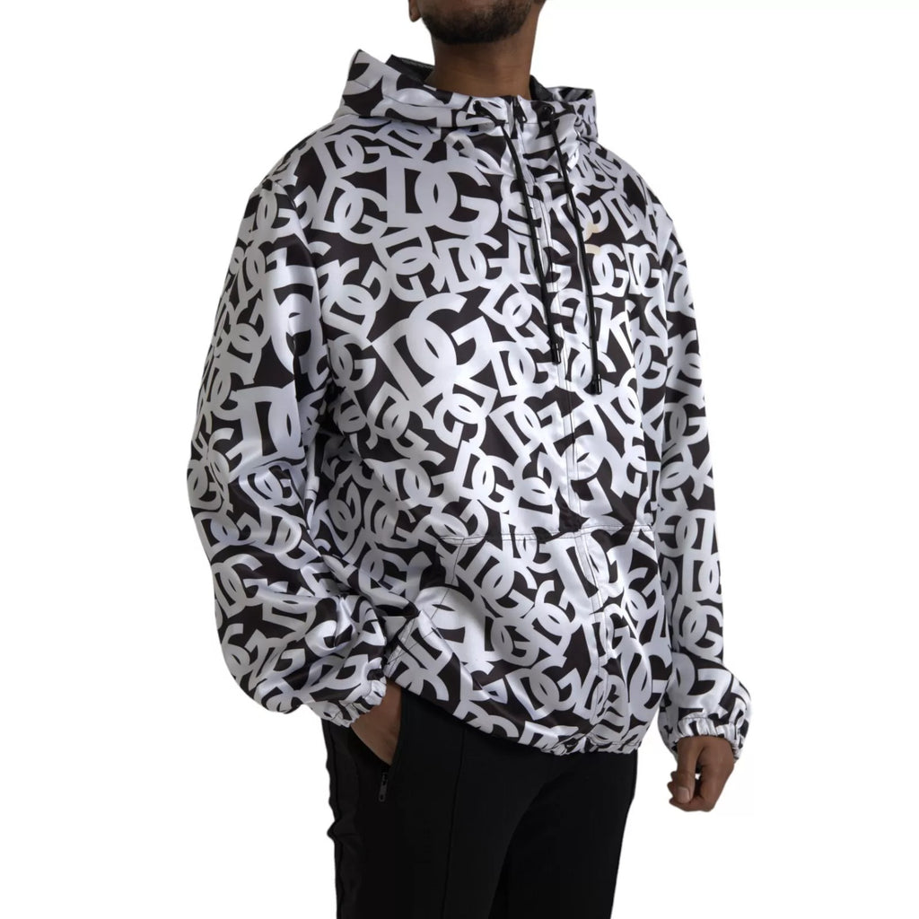 Dolce & Gabbana White Black Logo Hooded Full Zip Bomber Jacket