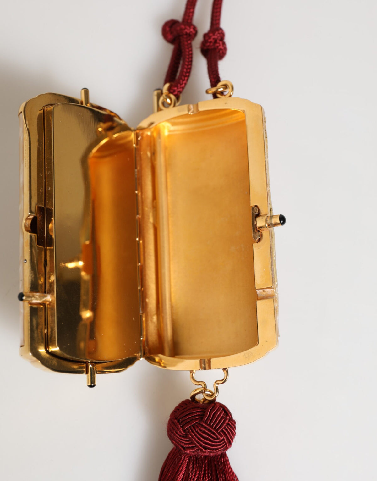 Dolce & Gabbana White Pearl Resin Gold Metal Red Tassel Pendant Bag