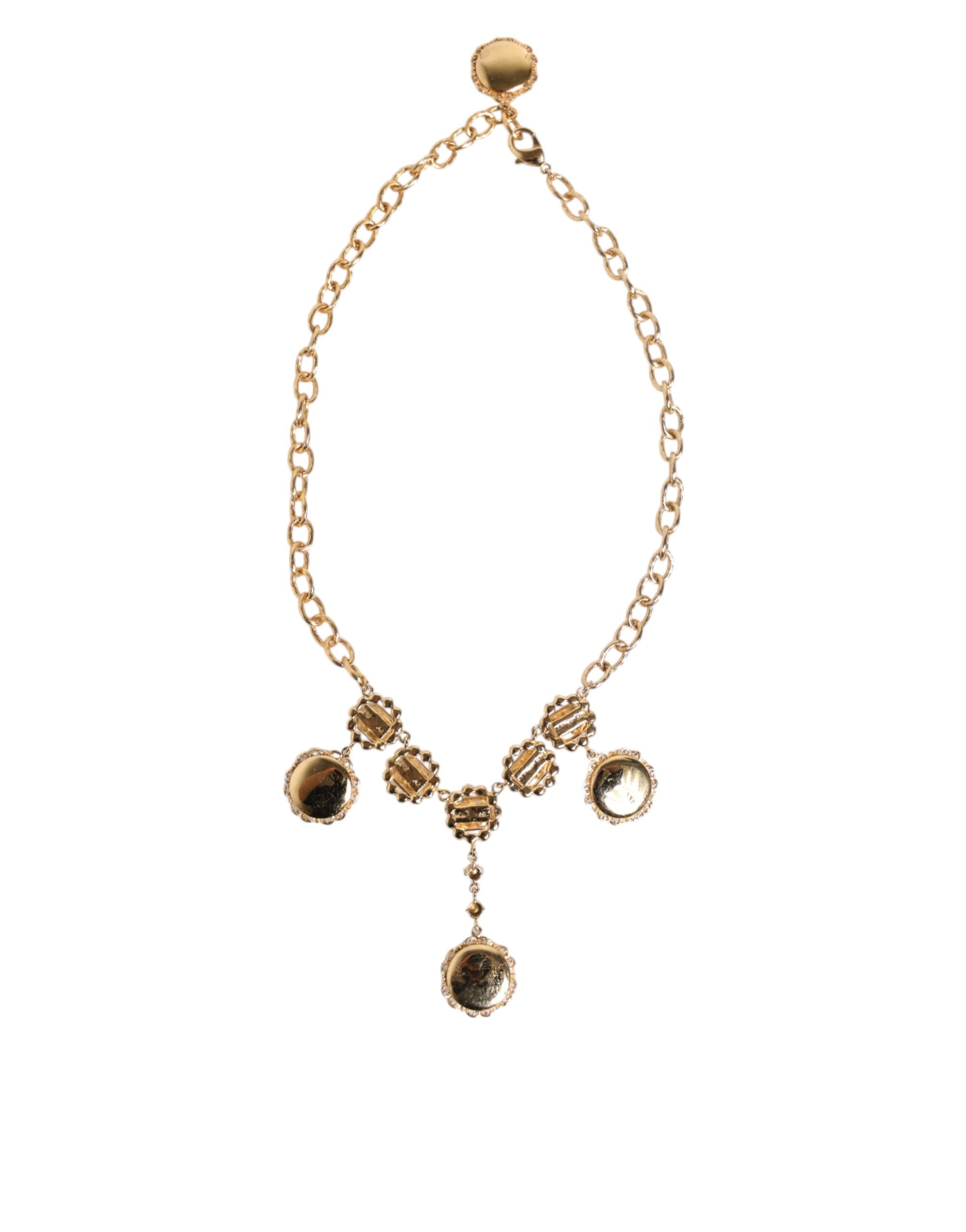 Dolce & Gabbana Gold Crystal Clock Face Pendant Statement Jewelry Necklace