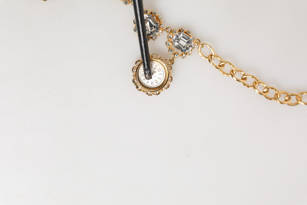 Dolce & Gabbana Gold Crystal Clock Face Pendant Statement Jewelry Necklace