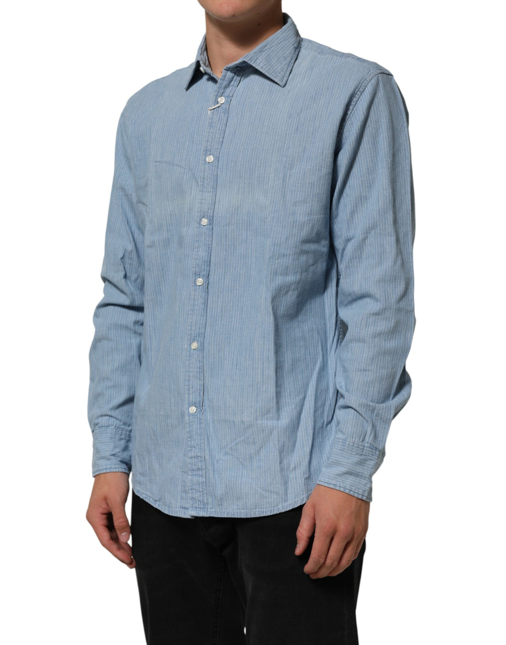 Deperlu Blue Denim Regular Fit Collared Long Sleeve Men Shirt