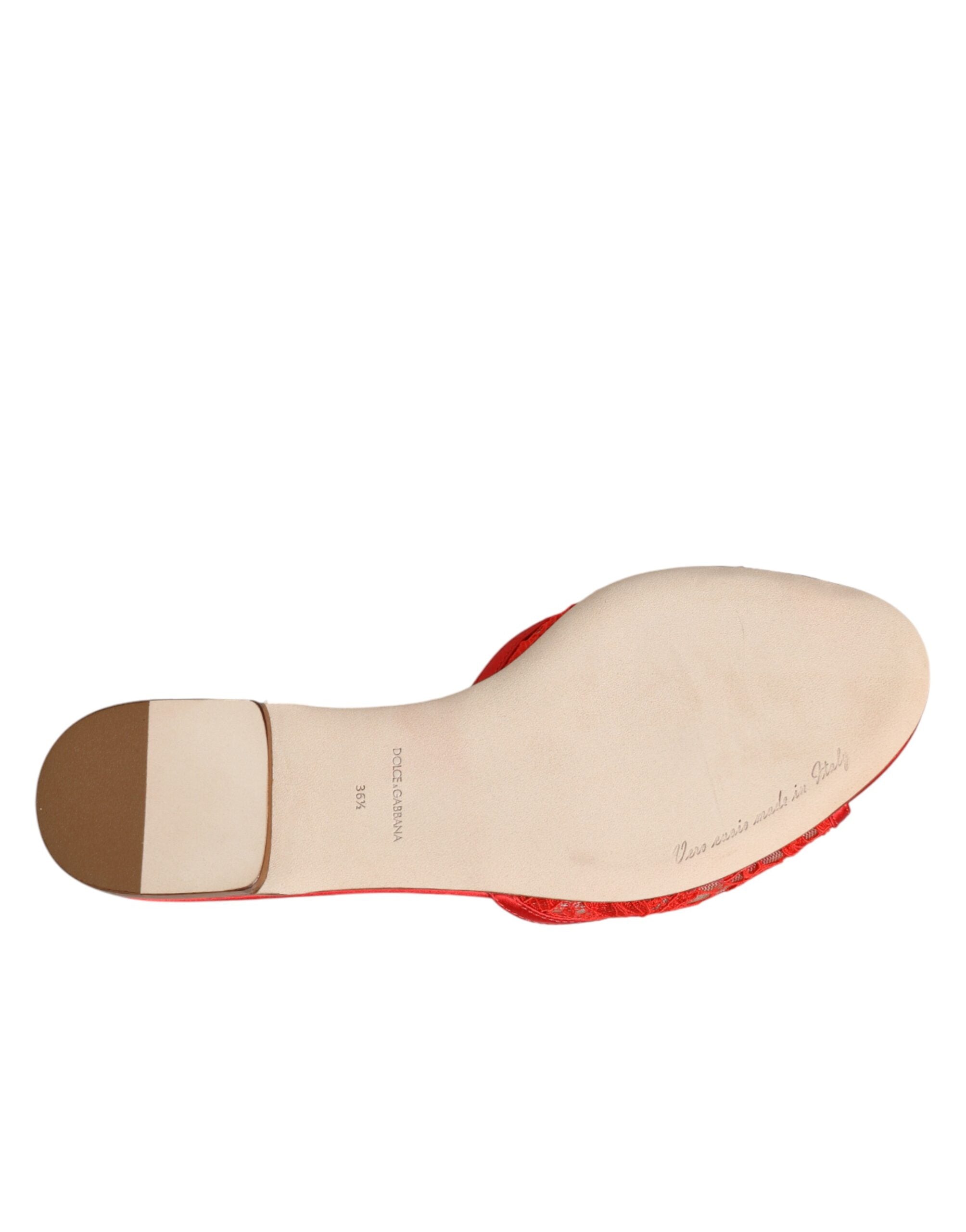 Dolce & Gabbana Red Devotion Lace Flats Slip On Sandals Shoes