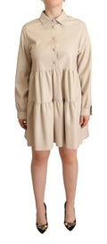 Jucca Leather Beige Long Sleeves Collared A-line Mini  Dress