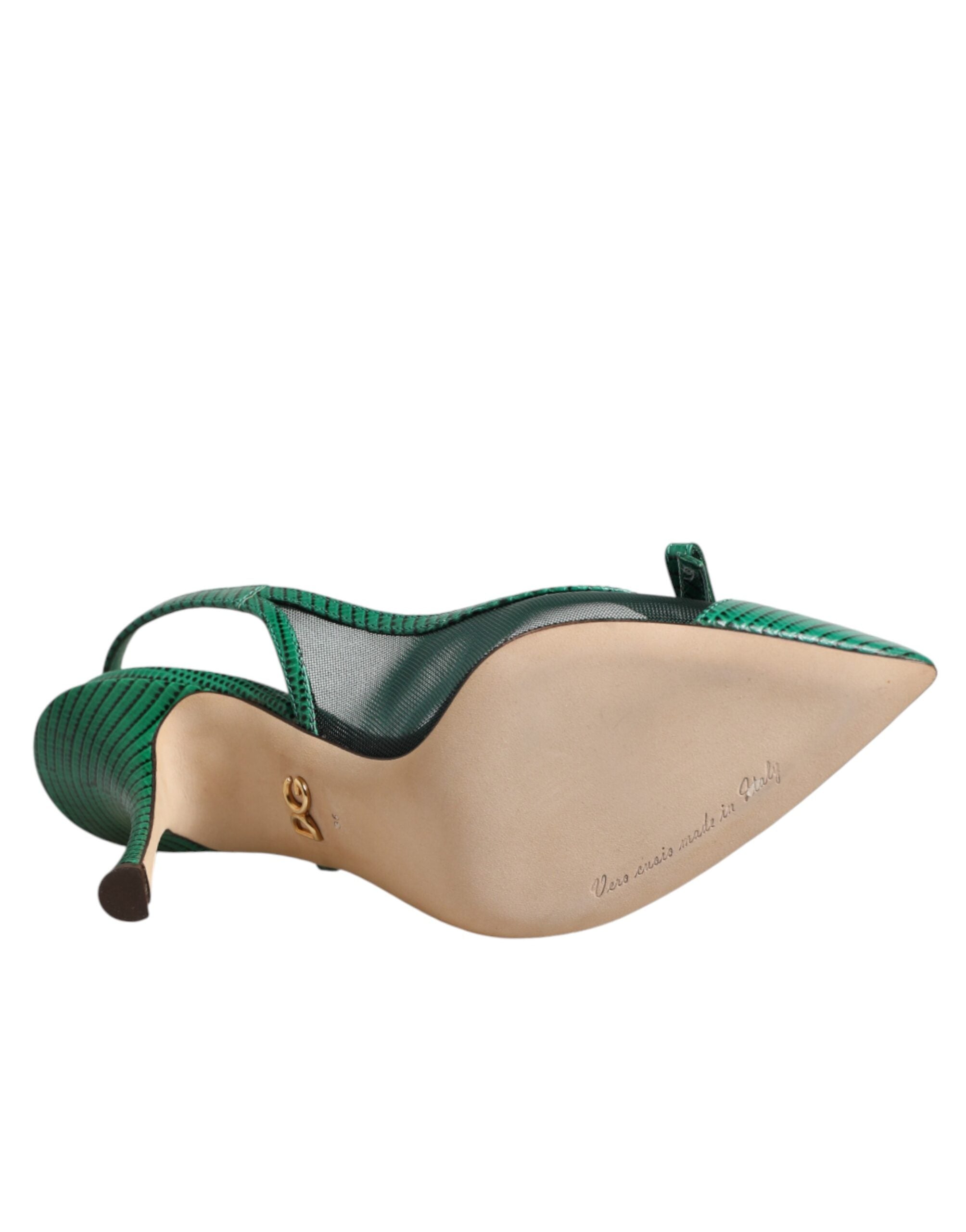 Dolce & Gabbana Green Leather Mesh Heels Slingback  Shoes