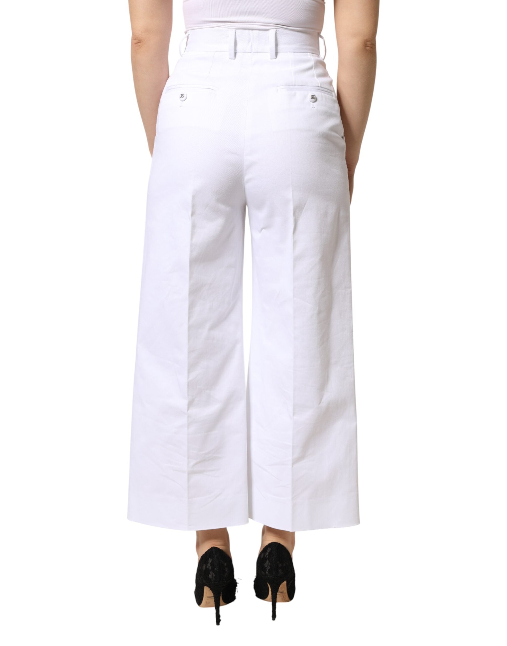 Dolce & Gabbana White Cotton High Waist WideLeg Cropped Pants