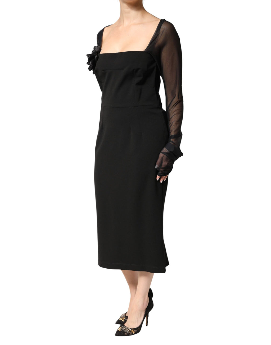 Dolce & Gabbana Black Sheer Yoke Rosette Sheath Midi Dress