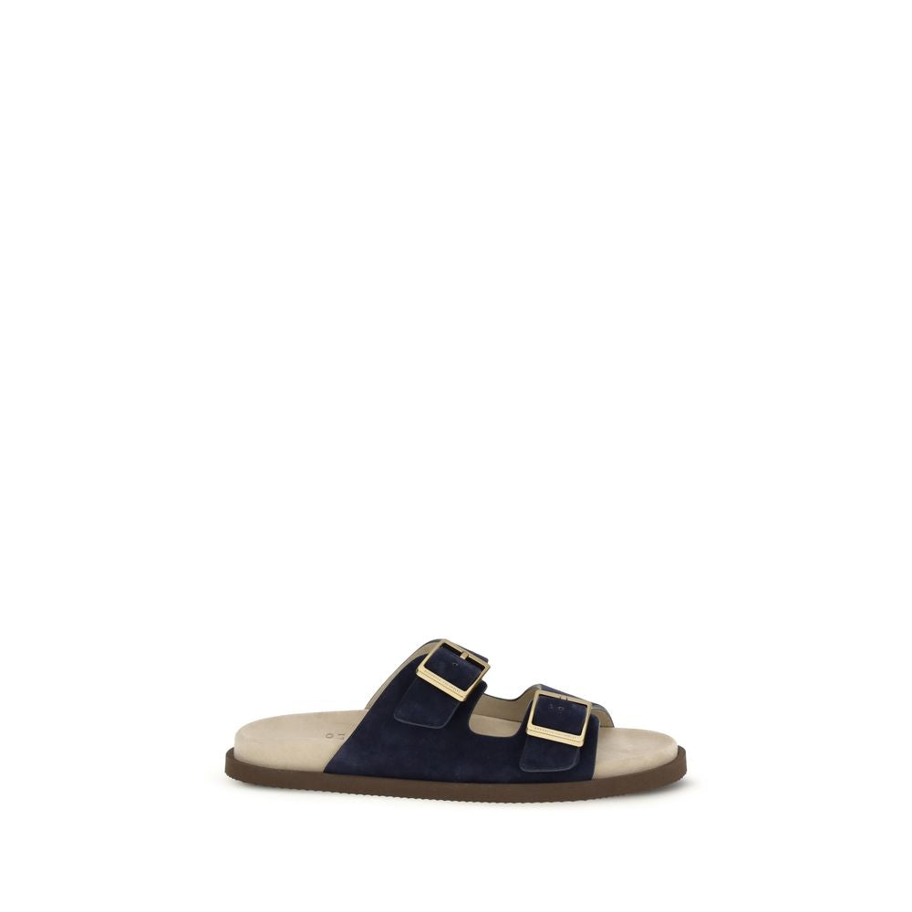 Brunello Cucinelli Blue Calf Leather Bos Taurus Flat Sandals