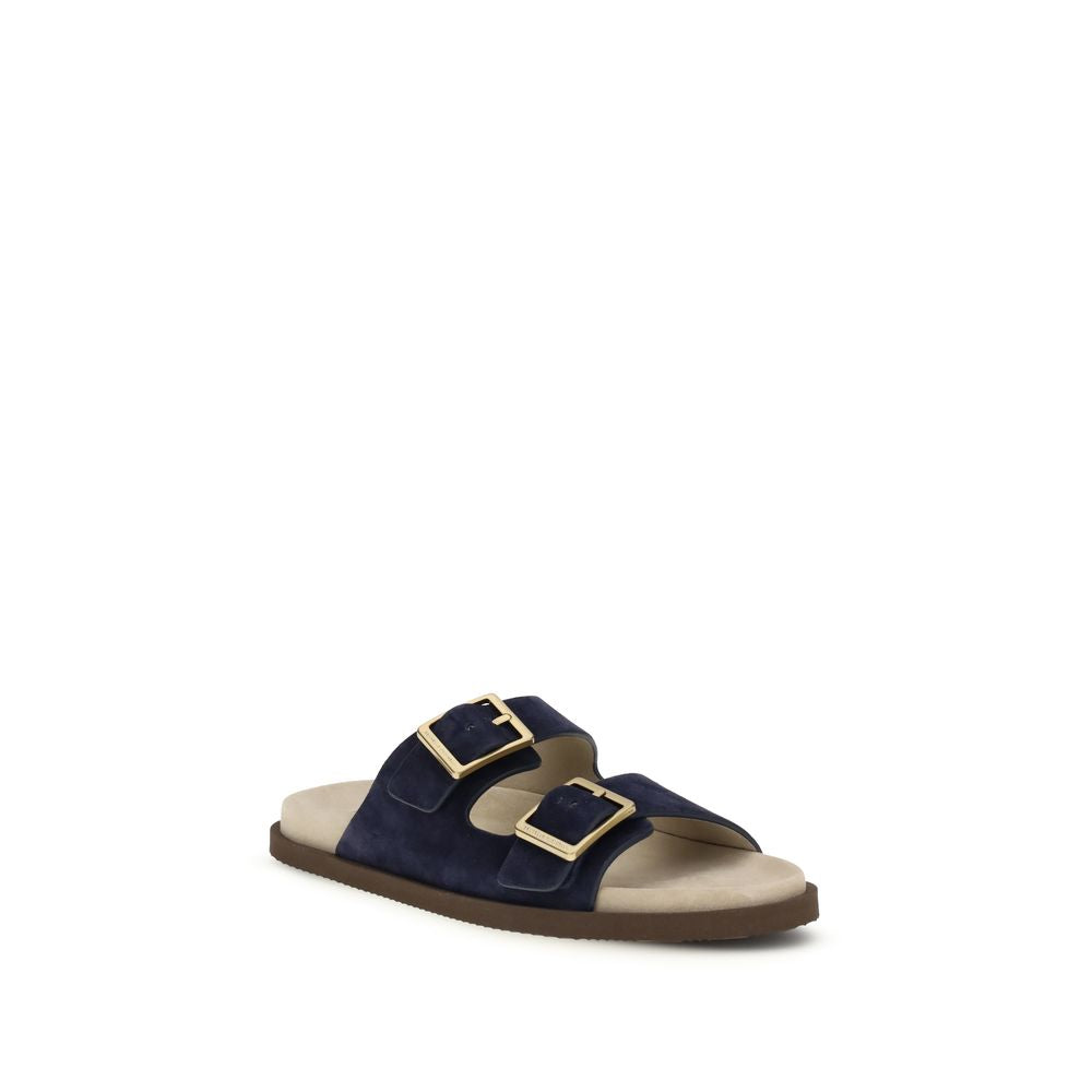 Brunello Cucinelli Blue Calf Leather Bos Taurus Flat Sandals