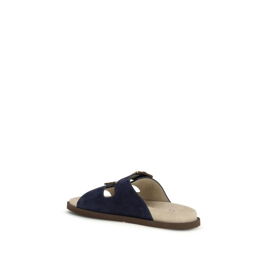 Brunello Cucinelli Blue Calf Leather Bos Taurus Flat Sandals