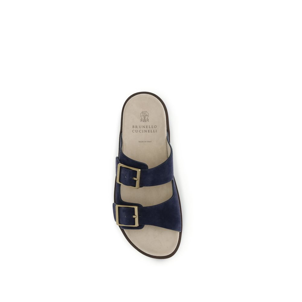 Brunello Cucinelli Blue Calf Leather Bos Taurus Flat Sandals